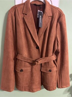 Allegra K Belted Suede-Look Blazer in Rust Orange